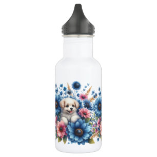 Welpen in bunten Blumen weiß  Edelstahlflasche