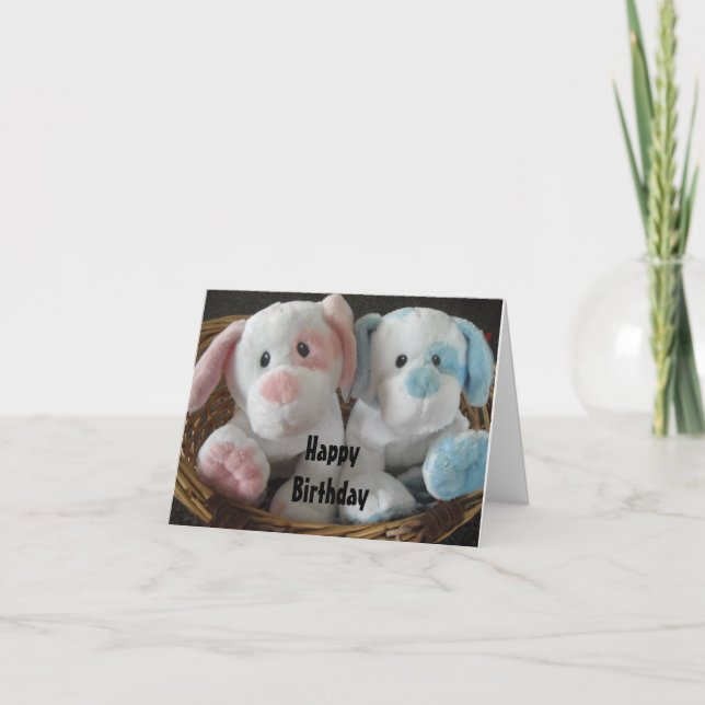 Welpen in einem Korb - Happy Birthday Karte (Vorderseite)