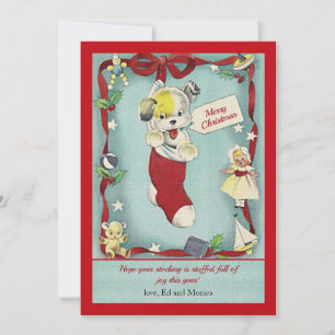 Welpen in Weihnachtsstrumpf Retro-Grußkarte Feiertagskarte
