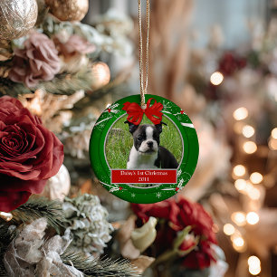 Welpen Kätzchen 1. Weihnachten Rot Grün Stechpalme Keramikornament