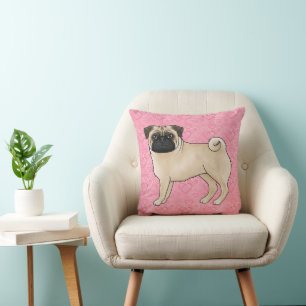 Welpen-Mops-Hund-Cartoon wischt rosa Liebesherzmus Kissen
