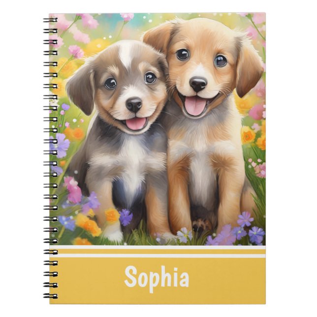 Welpen Niedliche Hunde in der Blume Wiese Notizblock (Vorderseite)