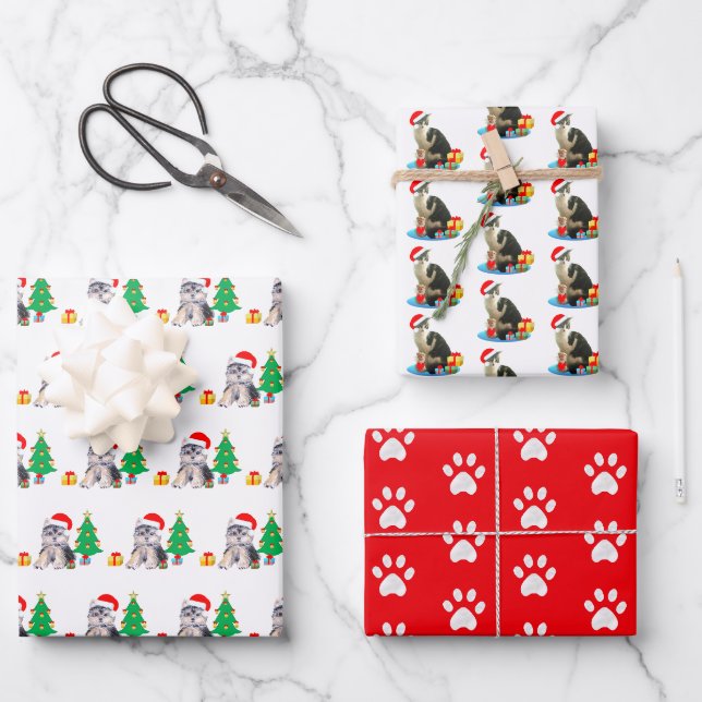 Welpenhund, Karolkatze und Pfoten auf Rot Geschenkpapier Set (Vorderseite)
