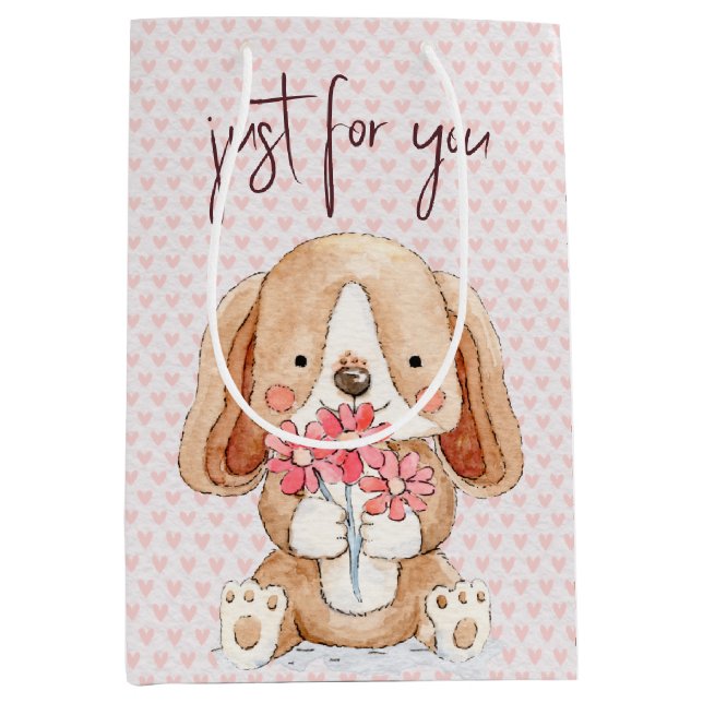 Welpenhund mit Blume auf rosa Herzen Mittlere Geschenktüte (Vorderseite)