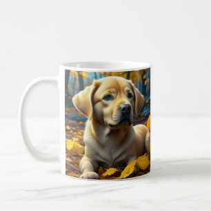 Welpenhund spielt im Herbstlaub   Kaffeetasse