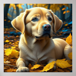 Welpenhund spielt im Herbstlaub   Poster