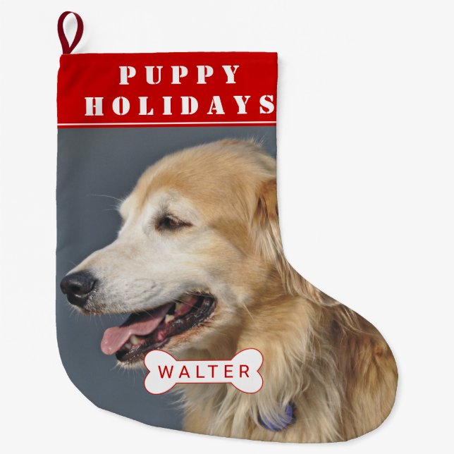 Welpenhund streichelt Weihnachten Foto Großer Weihnachtsstrumpf (Vorderseite)