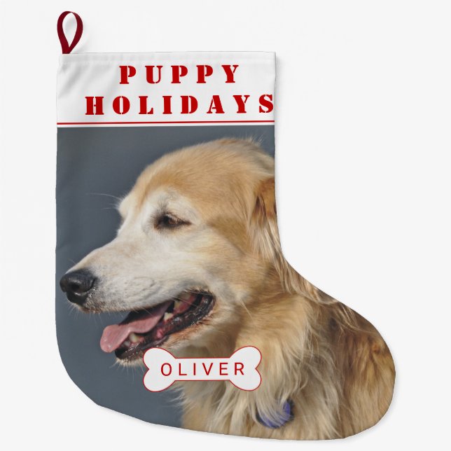 Welpenhund streichelt Weihnachten Foto Großer Weihnachtsstrumpf (Vorderseite)