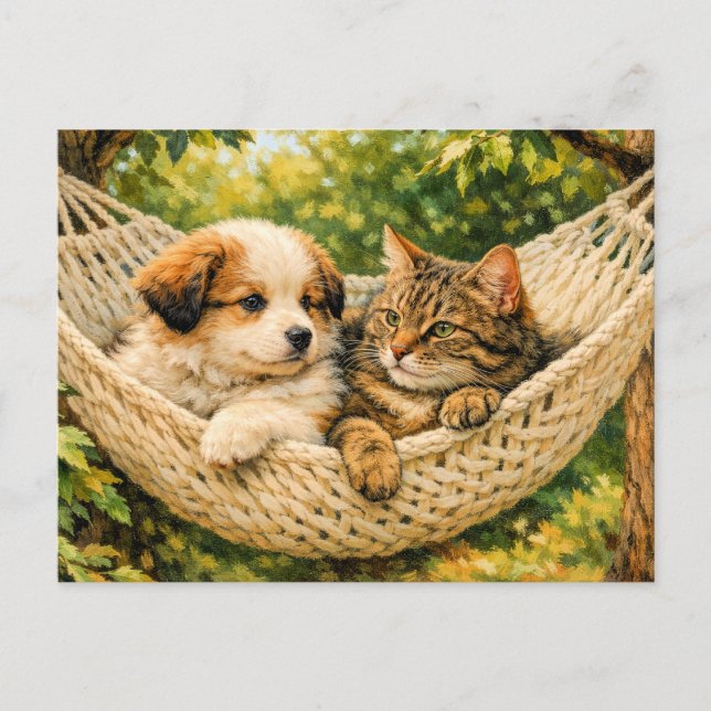 Welpenhund und Kätzchen, Postkarte (Vorderseite)