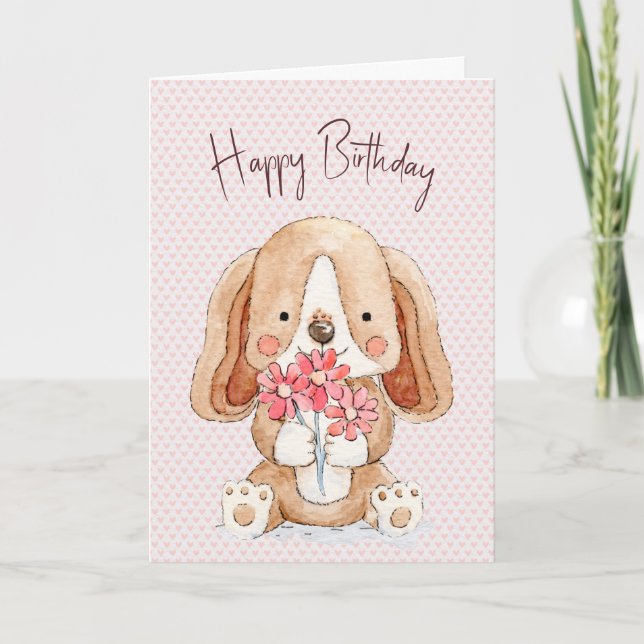 Welpenhund zum Geburtstag mit Blume Karte (Vorderseite)