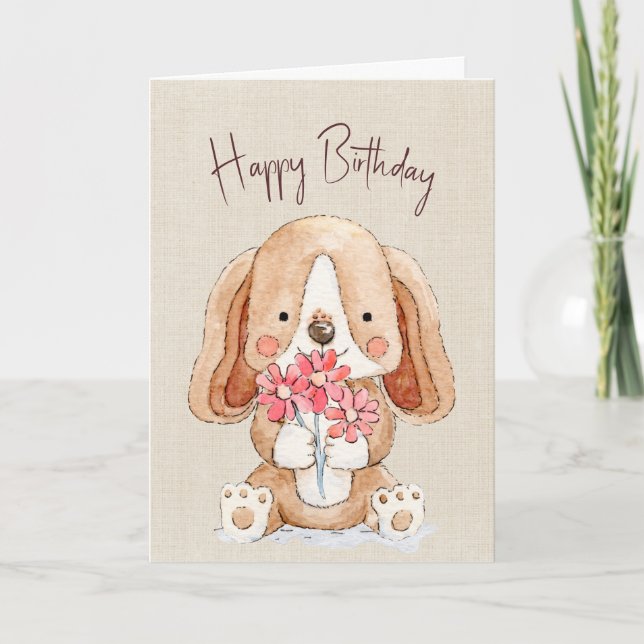 Welpenhund zum Geburtstag mit Blume Karte (Vorderseite)