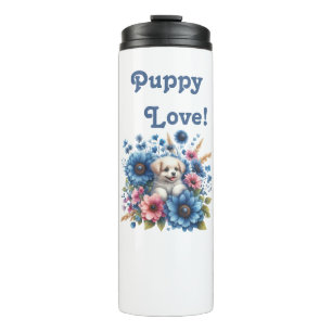 Welpenliebe in Blumen versteckter Thermobecher Thermosbecher