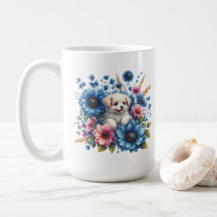 Welpenliebe und bunte Blumen Tasse