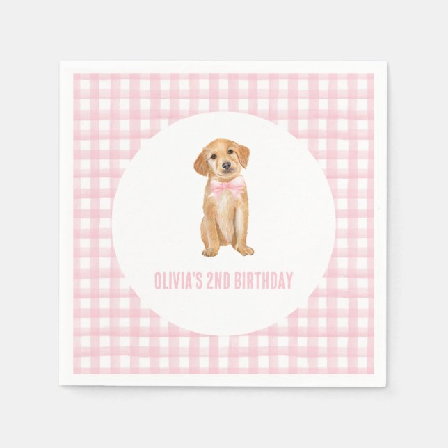 Welpenpink karierter Geburtstag Serviette (Vorderseite)