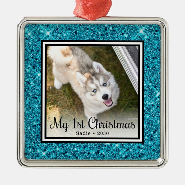 Welpen's 1. Weihnachtsfest Foto Ornament Aus Metall (Vorne)