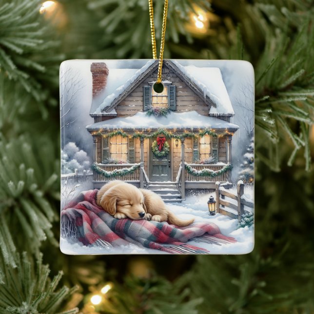 Welpenschlafen auf festlicher Front Porsche Weihna Keramikornament (Baum)
