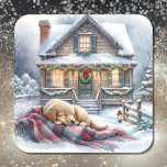 Welpenschlafen auf festlicher Front Porsche Weihna Quadratischer Aufkleber<br><div class="desc">Eine süße Kunst Aquarell-Illustration eines kleinen Welpenschlafes auf einer Decke vor einem alten rustikalen Bauernhaus mit Weihnachtsbeleuchtung und Dekorationsticker.</div>