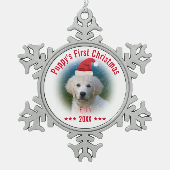 Welpenweihnacht | Name des Hundes Schneeflocken Zinn-Ornament (Vorderseite)