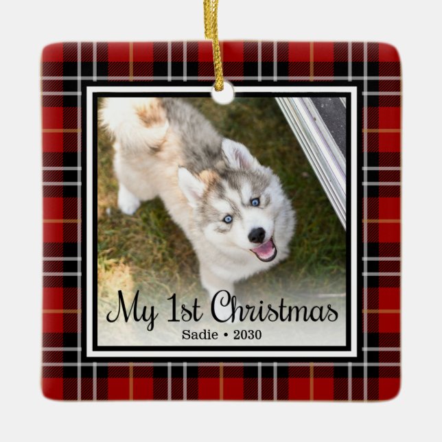 Welpe's 1. Weihnachten 2 Foto Keramikornament (Vorderseite)