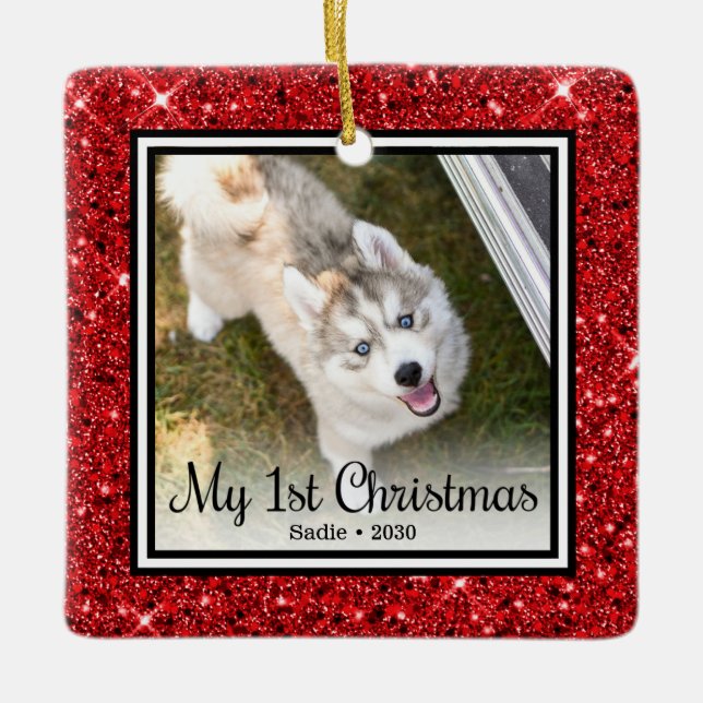 Welpe's 1. Weihnachten 2 Foto Keramikornament (Vorderseite)