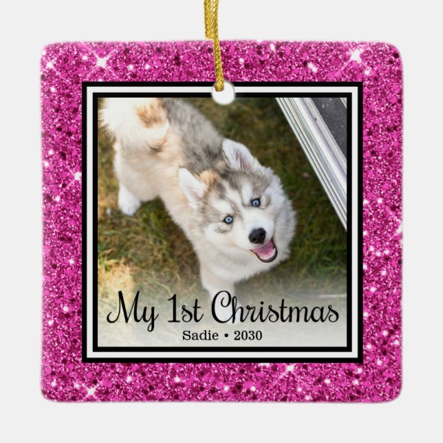 Welpe's 1. Weihnachten 2 Foto Keramikornament (Vorderseite)