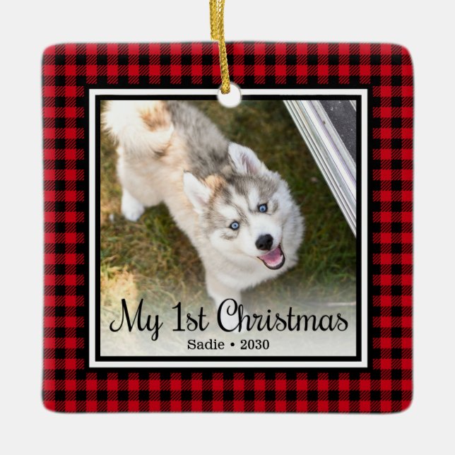 Welpe's 1. Weihnachten 2 Foto Keramikornament (Vorderseite)