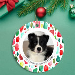 Welpe's First Christmas 2 Foto Keramik Ornament<br><div class="desc">Feiern Sie Ihre Welpen mit diesem 2-Foto-Ornament mit handgemalten,  roten und grünen Wasserfarben-Armbanduhren. Anpassen des Texts Sehen Sie sich die gesamte passende Auflistung an.</div>