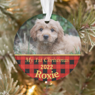 Welpe's First Christmas Black & Red Karo Ornament