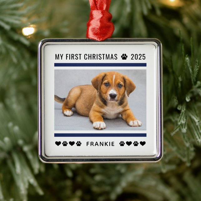 Welppy First Christmas Navy Blue Custom Foto Ornament Aus Metall (Baum)