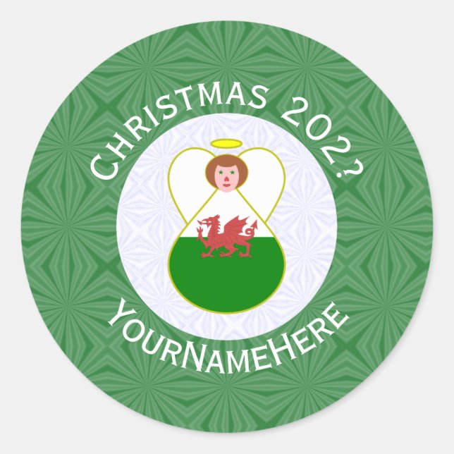 Welsh Angel Christmas Flag Personalisiert Runder Aufkleber (Vorderseite)