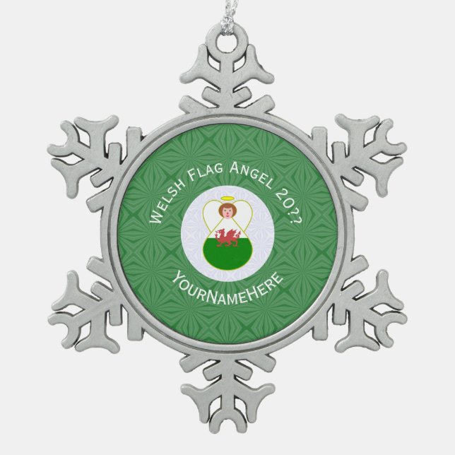Welsh Angel Christmas Flag Personalisiert Schneeflocken Zinn-Ornament (Vorderseite)