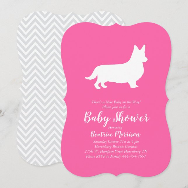Welsh Corgi Dog Baby Dusche Pink Girl Einladung (Vorne/Hinten)