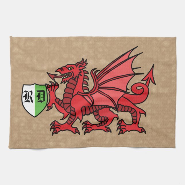 Welsh Dragon Custom Monogram Geschirrtuch (Horizontal)