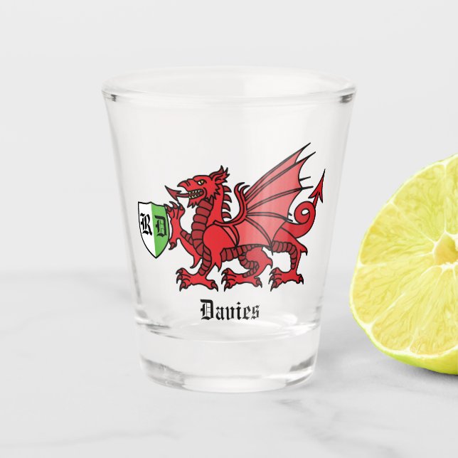 Welsh Dragon Individuelle Name und Monogram Schnapsglas (Vorderseite)