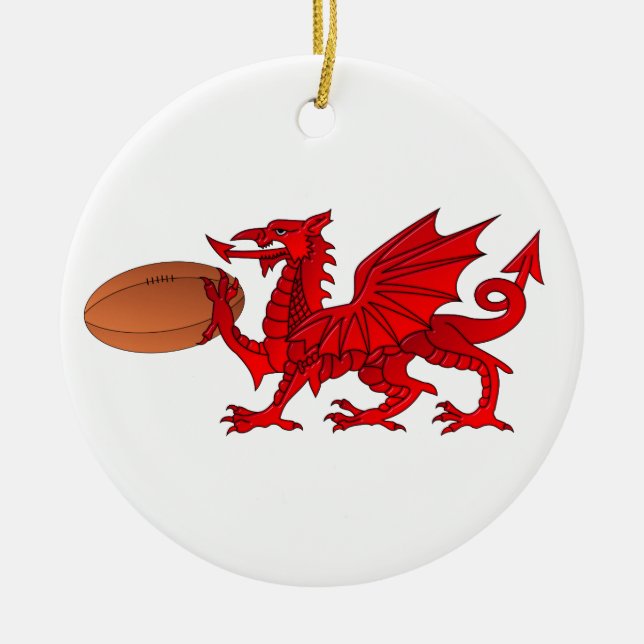 Welsh Dragon mit Rugby Ball Keramik Ornament (Vorne)