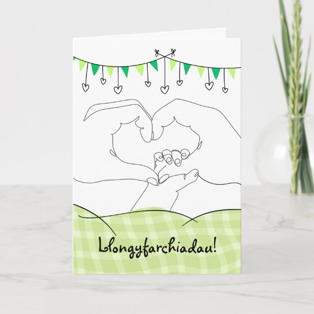 Welsh gratuliert New Baby Hand Heart Karte (Vorderseite)