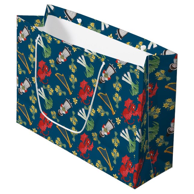 Welsh Kostüme und Embleme auf Blue Large Gift Bag Große Geschenktüte (Vorderseite Schrägansicht)