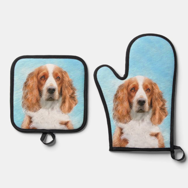 Welsh Springer Spaniel Malerei Original Dog Art Ofenhandschuh & Topflappen-Set (Vorderseite)