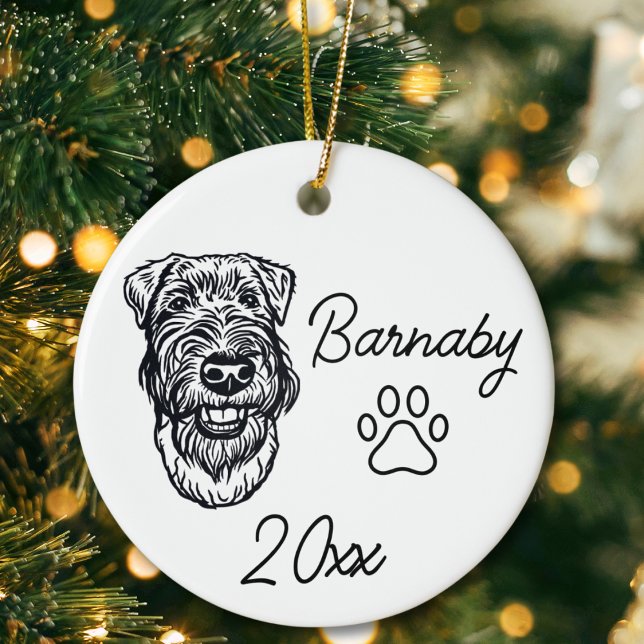 Welsh Terrier Dog Individuelle Name & Year Line Ar Keramik Ornament (Welsh Terrier Dog Custom Name and Year Ornament with Paw Print. Black and White Line Art Modern)