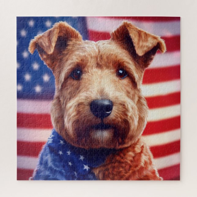 Welsh Terrier mit amerikanischer Flagge und Bandan (Vertikal)
