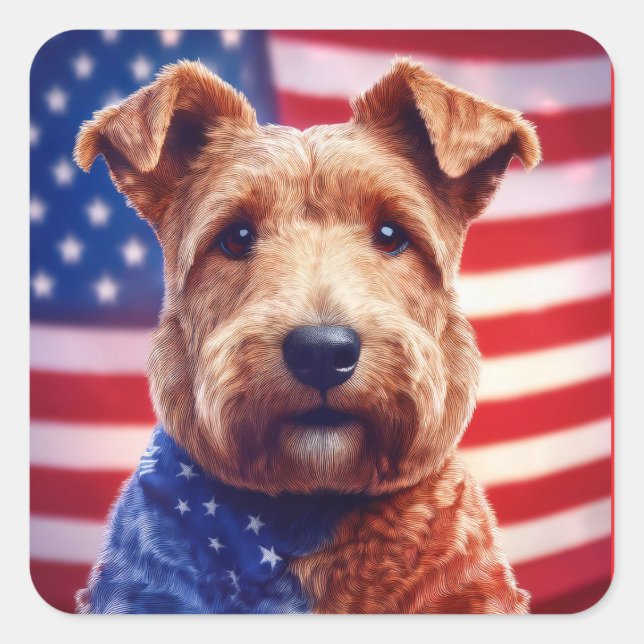 Welsh Terrier mit amerikanischer Flagge und Bandan Quadratischer Aufkleber (Vorderseite)
