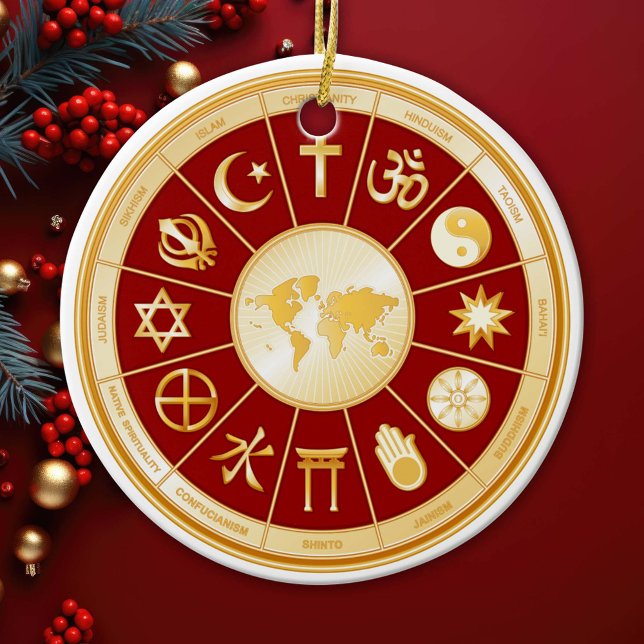 Welt des Glaubens Keramik Ornament (Gold symbols of international religions surround a world map. )