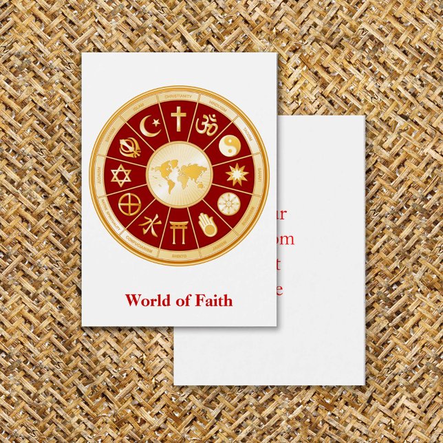 Welt des Glaubens Mächtige Visitenkarte (World of Faith Flat Greeting Card. Gold symbols of international religions surround a world map. )