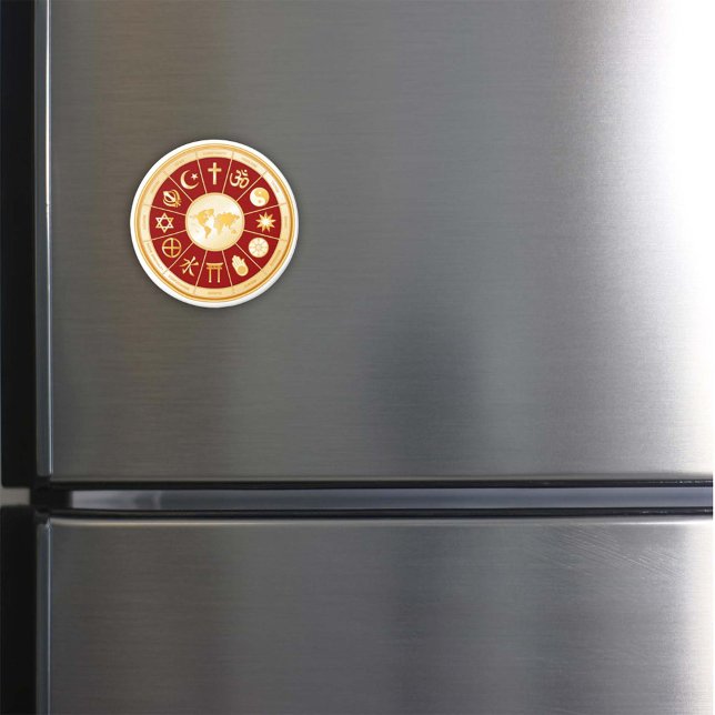 Welt des Glaubens Magnet (World of Faith Magnet. Gold symbols of international religions surround a world map. )