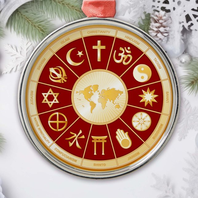 Welt des Glaubens Silbernes Ornament (Gold symbols of international religions surround a world map. )