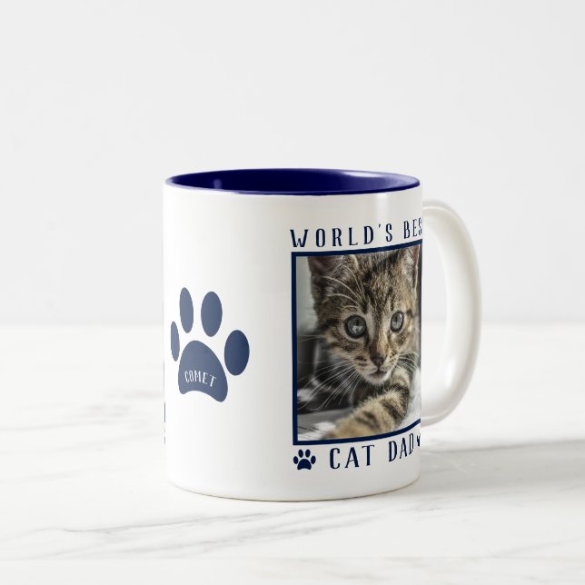 Weltbeste Cat Vater Foto Name Paw Prints Navy Zweifarbige Tasse (VorderseiteRechts)