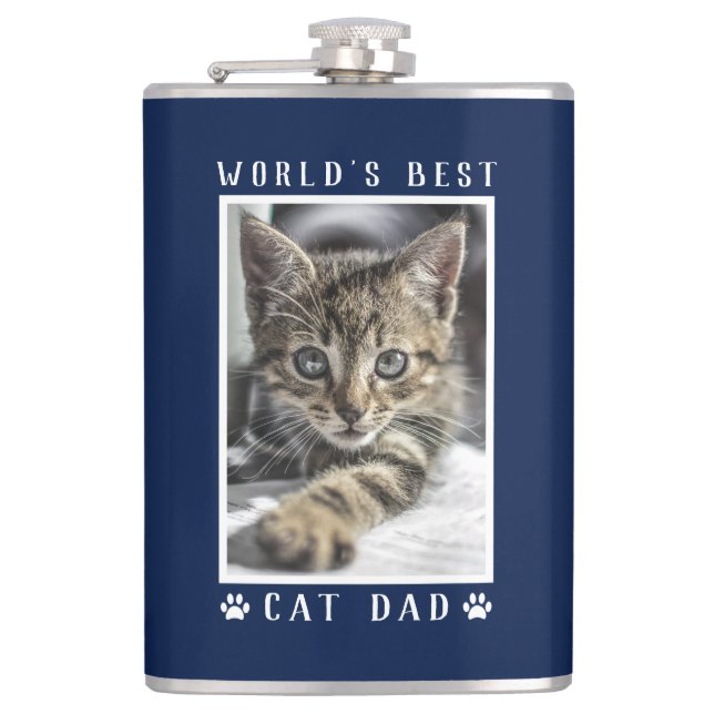 Weltbeste Kat-Vater Paw Prints Foto Navy 8 oz Flachmann (Vorderseite)