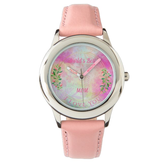 Weltbeste Mama Wasserfarben Rosa Blumen Armbanduhr (Vorderseite)