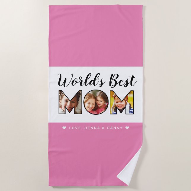 Weltbeste Mama Zitat 3 Fotocollage-Namen Rosa Strandtuch (Vorderseite)