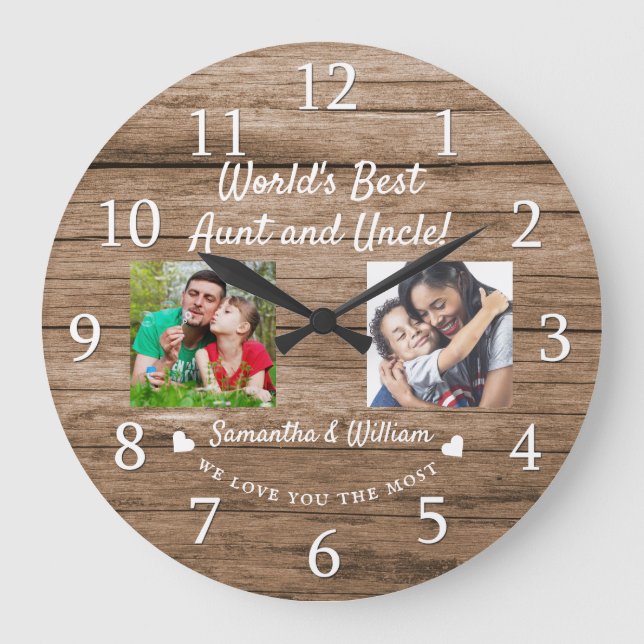 Weltbeste Tante und Onkel 2 Foto Rustikales Holz Große Wanduhr (Vorderseite)